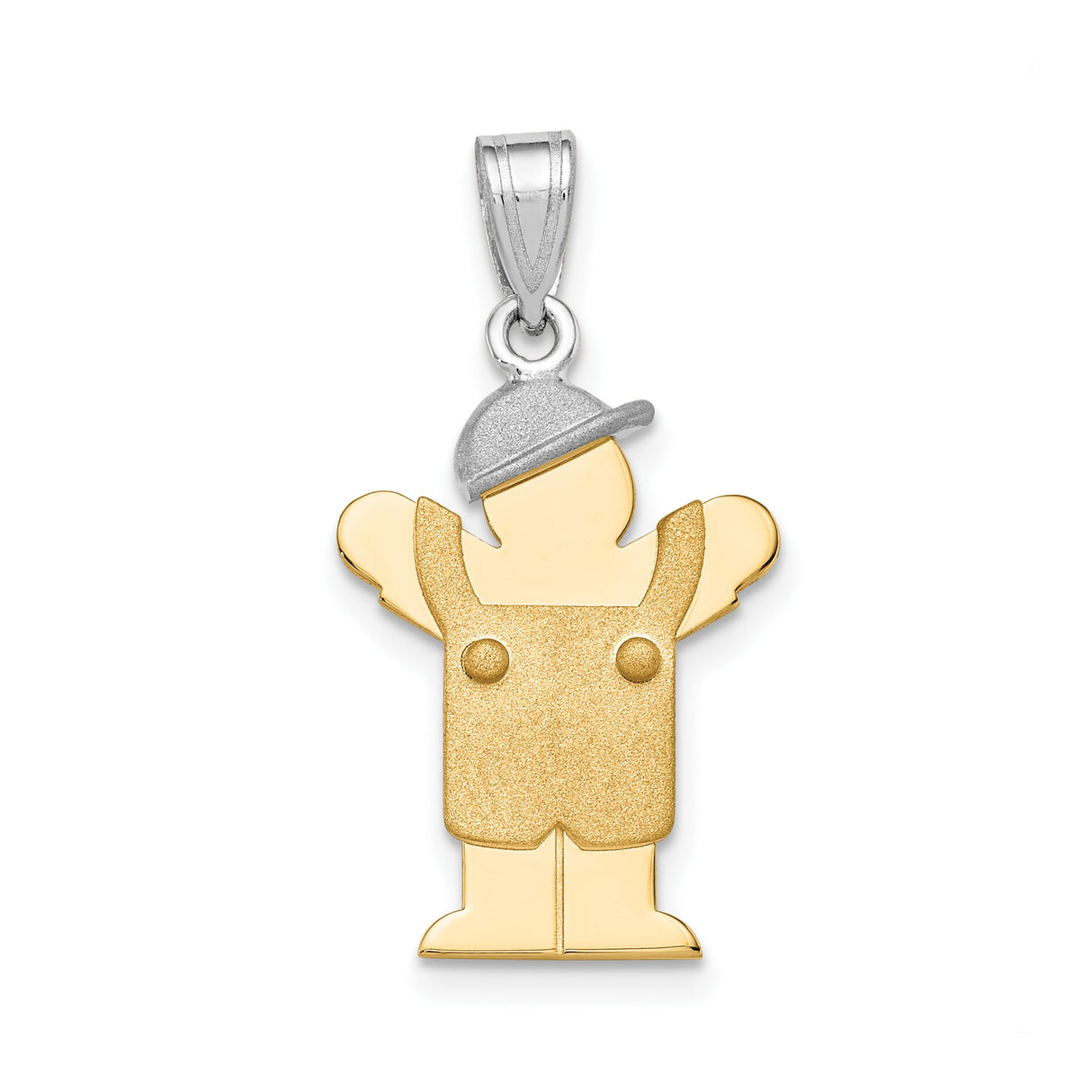 14k Two-Tone Gold Boy Pendant with Baseball Cap and Overalls, Family Keepsake Charm