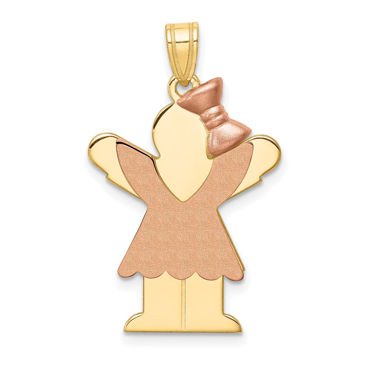 14k Two-Tone Gold Pendant with Stylized Girl, Rose Gold Dress and Bow, Family Charm for Women