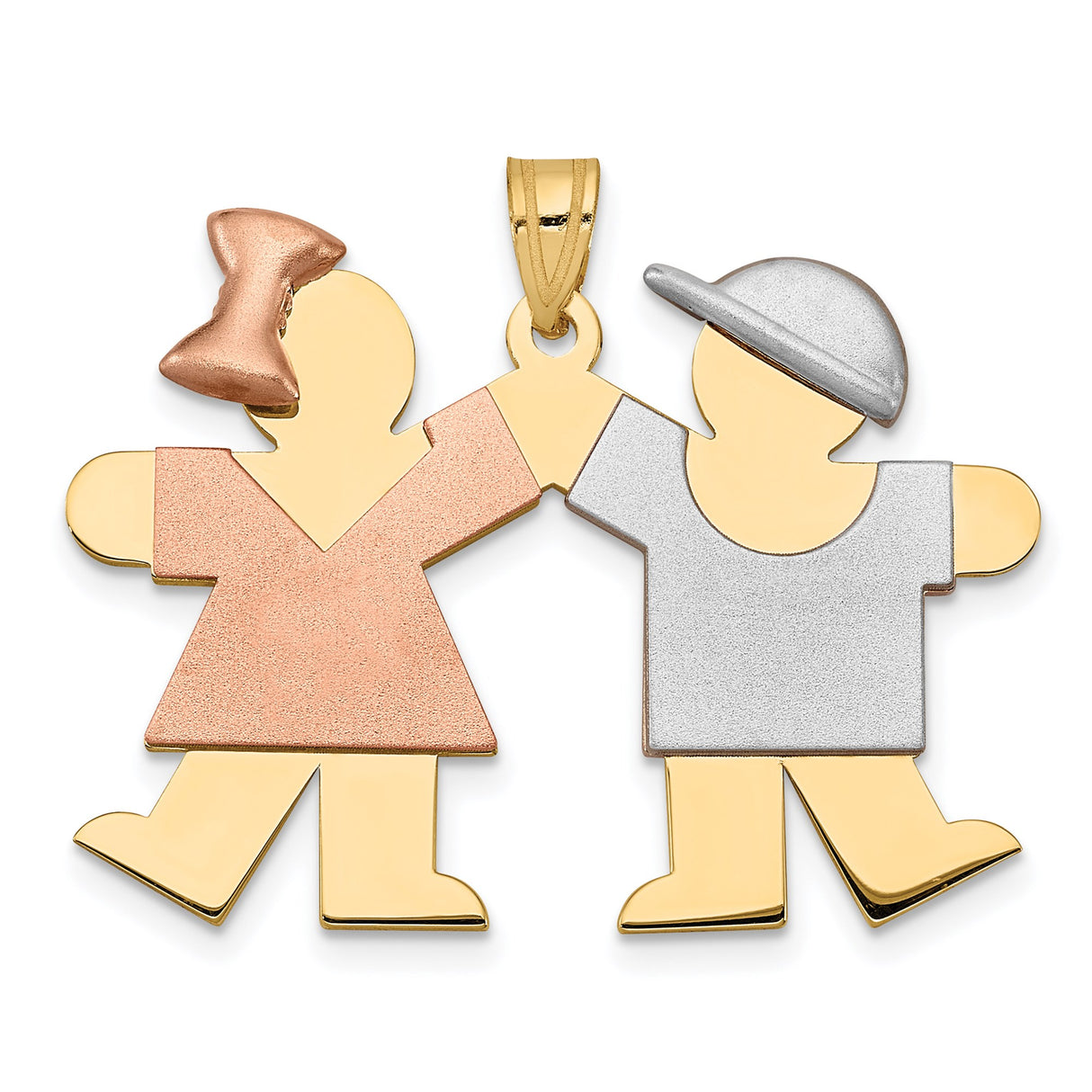 14k Tri-Color Gold Family Pendant with Girl and Boy Silhouette, Sibling Bond Charm