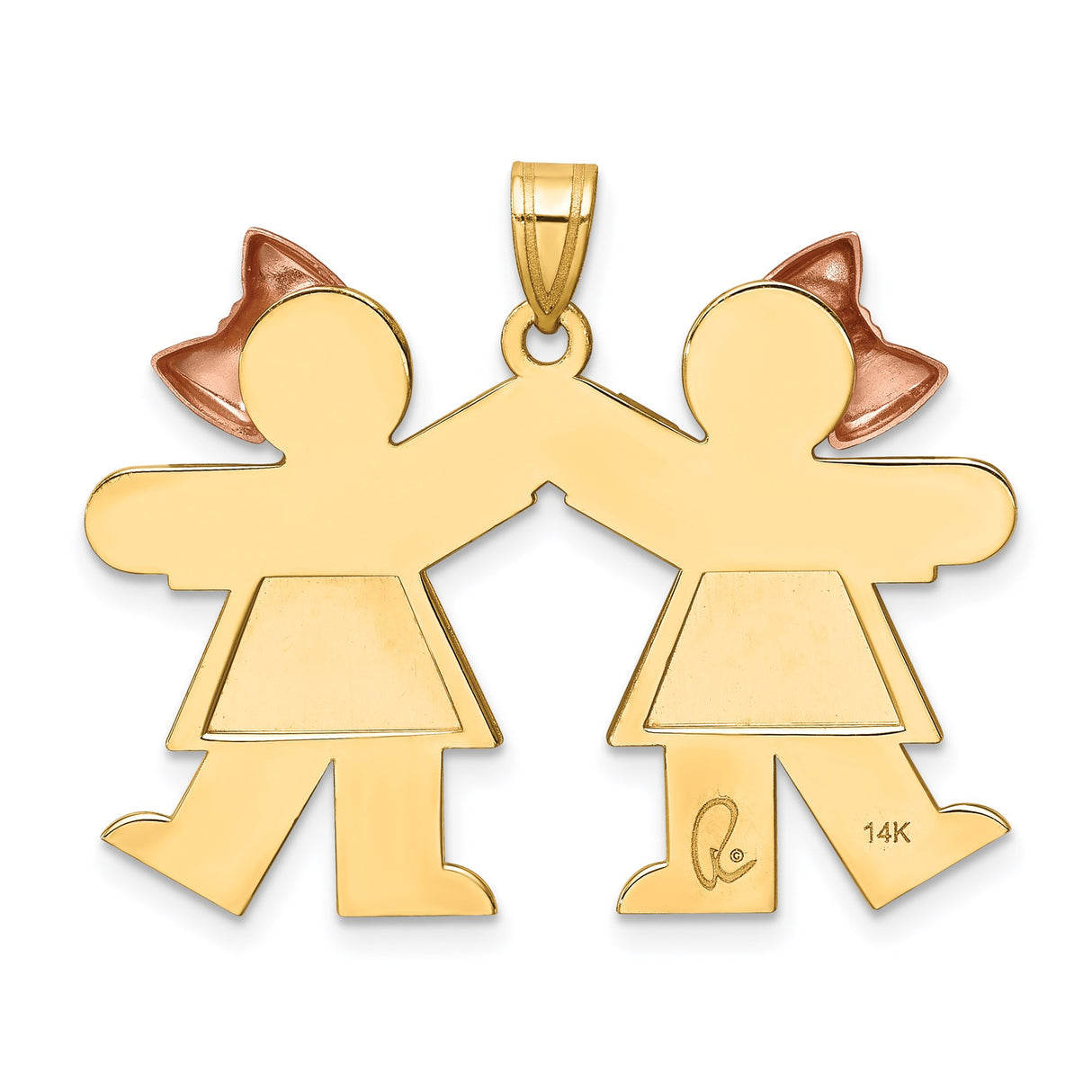 14k Two-Tone Gold Pendant with Stylized Girls Holding Hands, Sentimental Family Charm