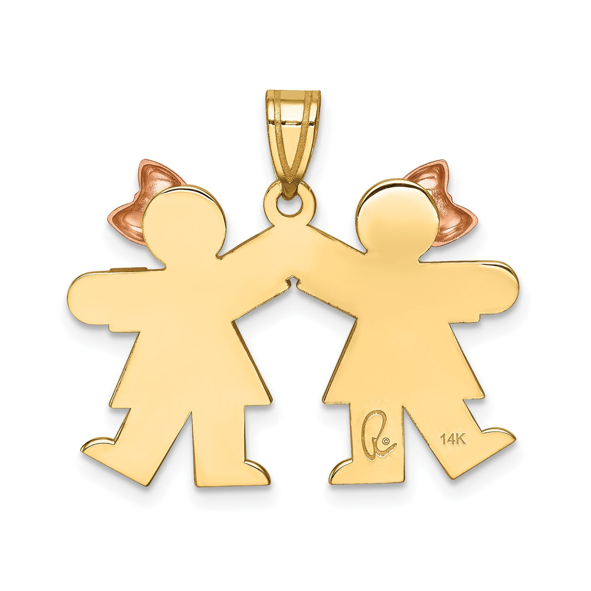 14k Two-Tone Gold Pendant with Two Girls Holding Hands, Rose Gold Dress and Bow Detail
