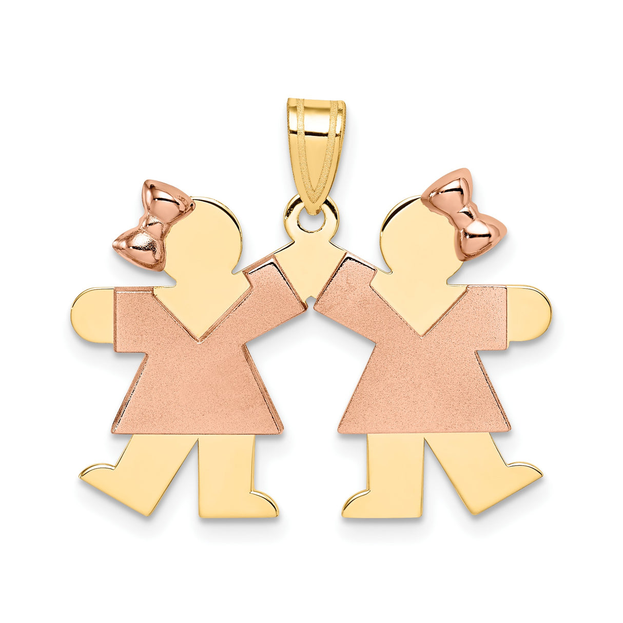 14k Two-Tone Gold Pendant with Two Girls Holding Hands, Rose Gold Dress and Bow Detail