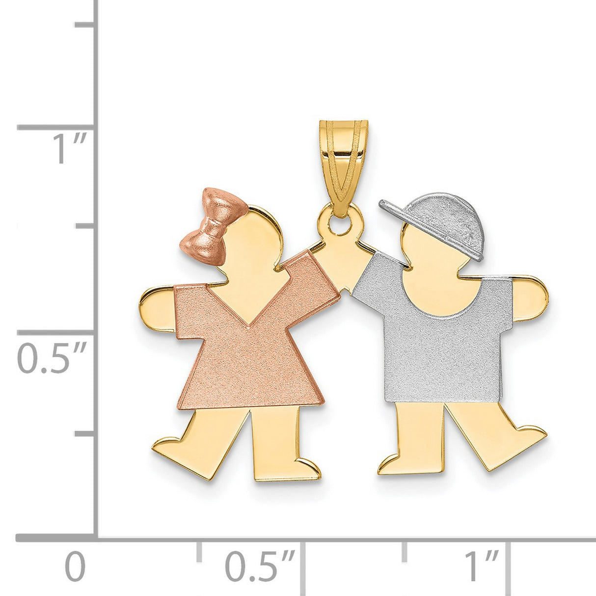 Small Girl on Left and Boy on Right Engravable Charm Pendant in Real 14k Multi-Tone Gold