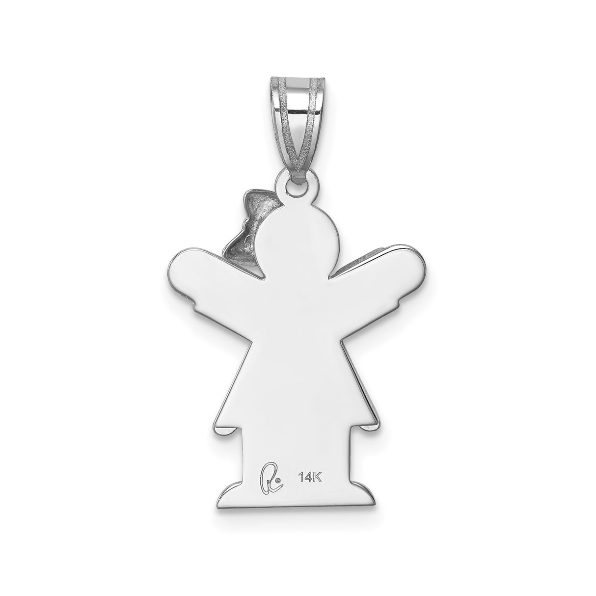 14k White Gold Angel Girl Pendant with Bow Detail, Religious Charm for Women or Girls