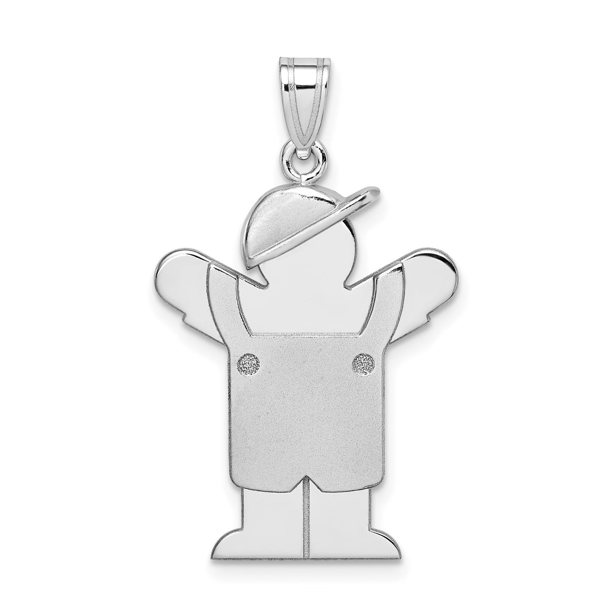 14k White Gold Boy Pendant with Cap and Overalls, Raised Arms Family Charm