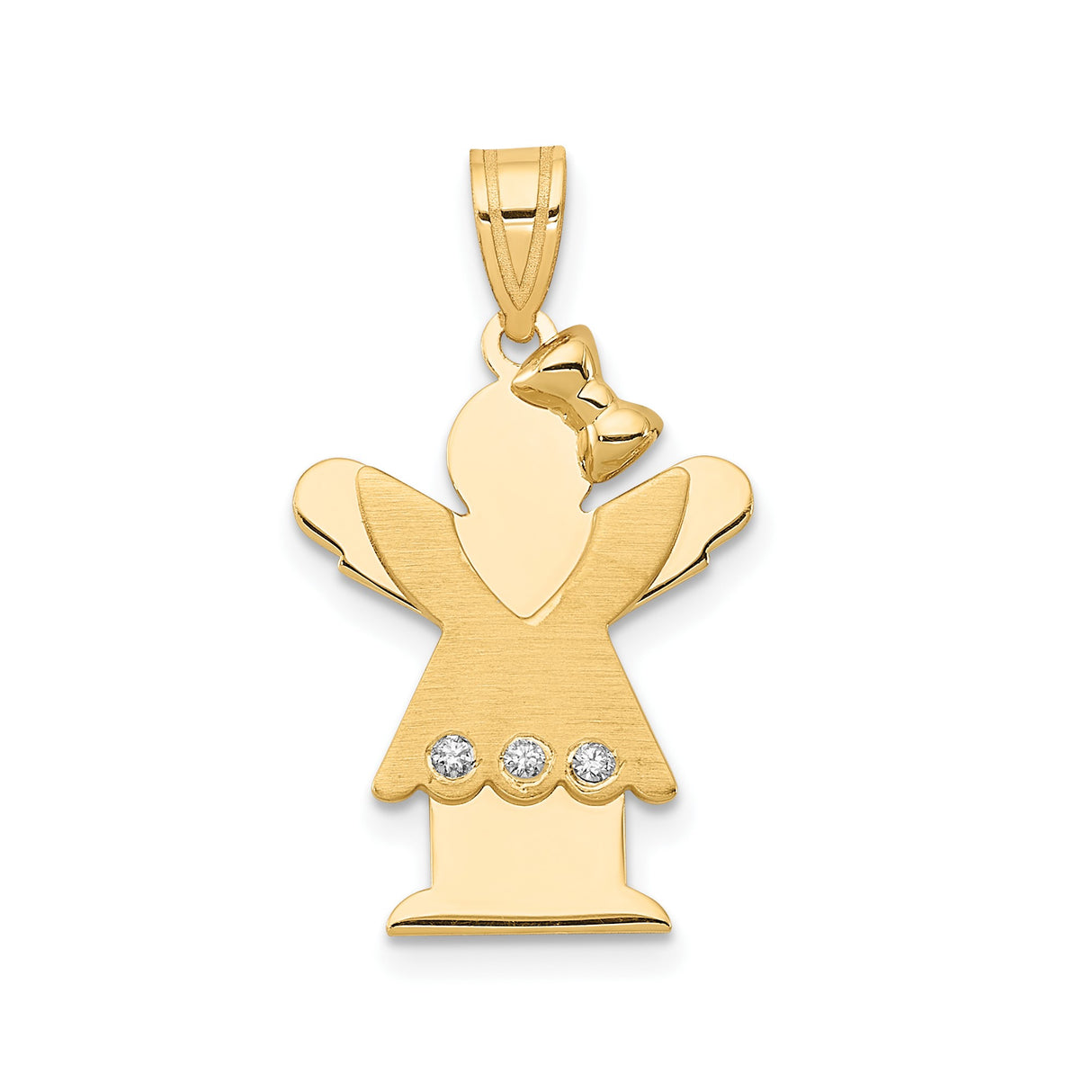 14k Yellow Gold Angel Pendant with Diamond Accents, Bow Detail, Girl Angel Design