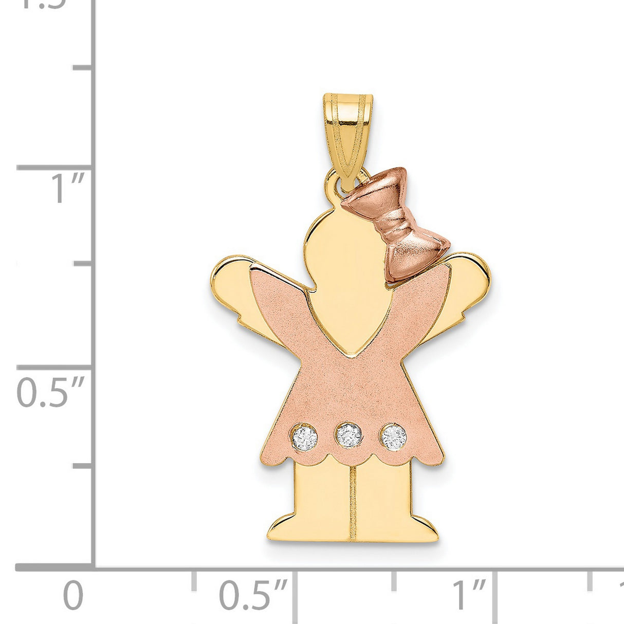 14k Two-Tone Gold Girl Pendant with Diamond Accents, Rose Gold Dress and Bow, Figurine Charm