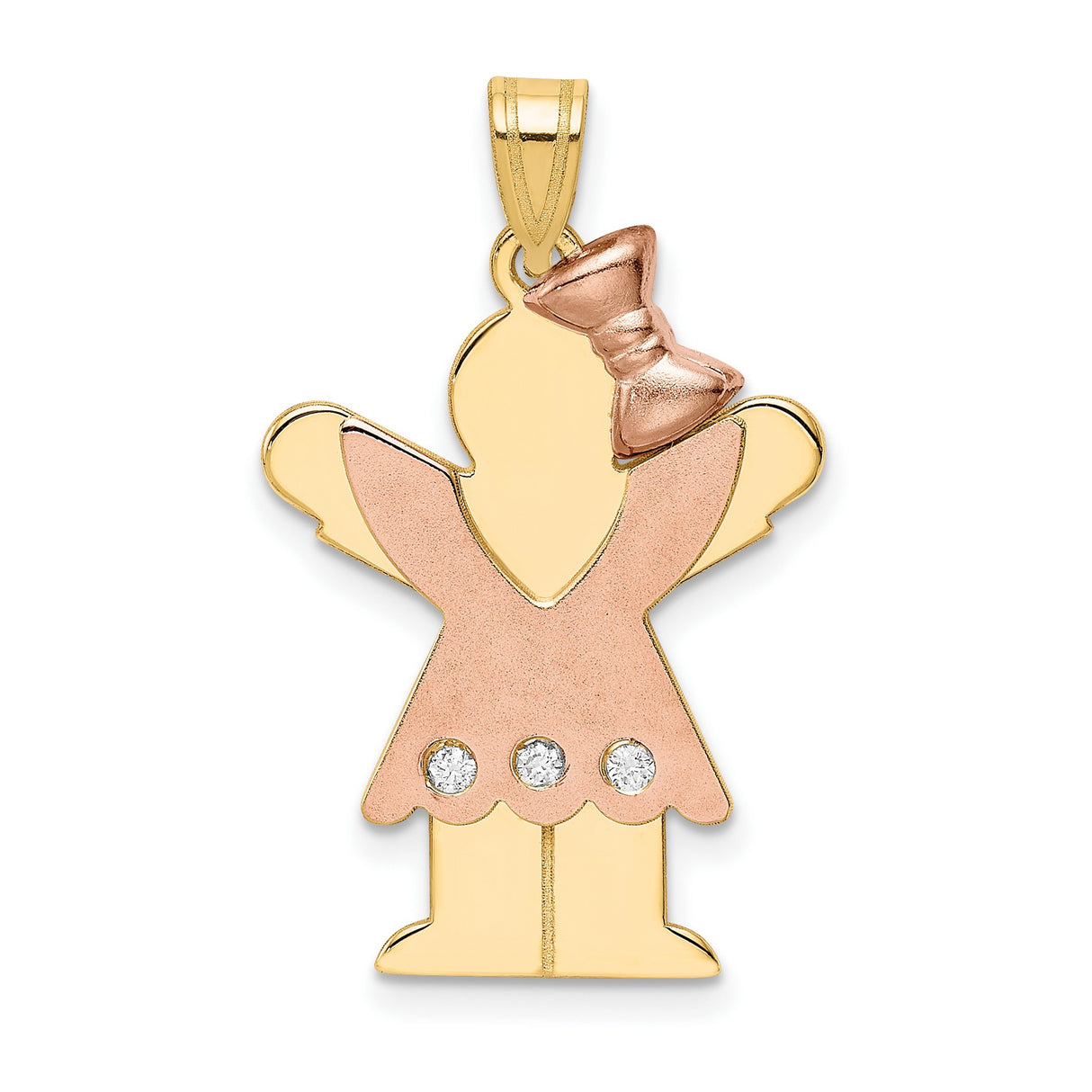 14k Two-Tone Gold Girl Pendant with Diamond Accents, Rose Gold Dress and Bow, Figurine Charm