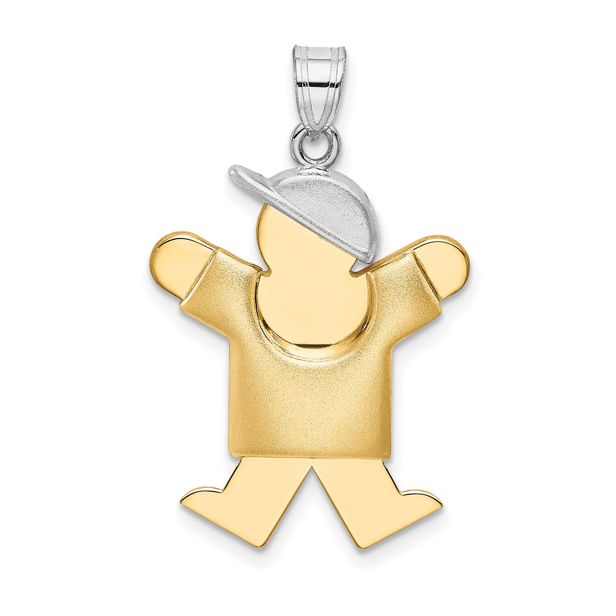 14k Two-Tone Gold Boy Charm Pendant with Sideways Cap, Stylized Son Figure, Engravable