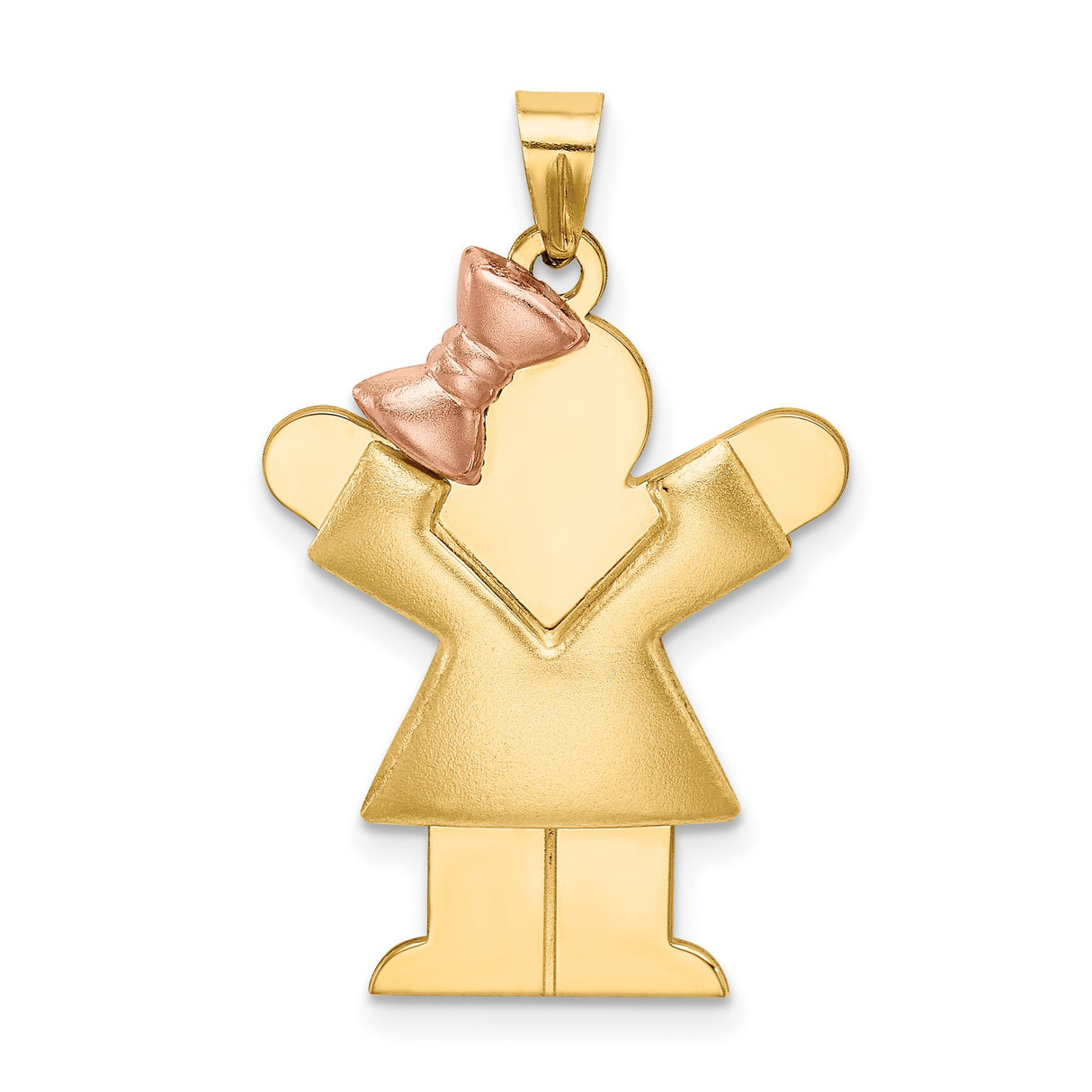 Puffed Girl with Bow on Left Engravable Charm Pendant in Real 14k Multi-Tone Gold
