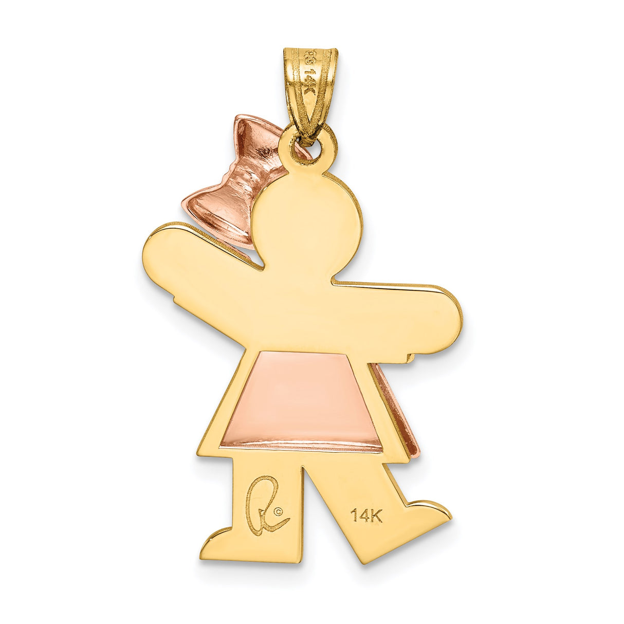 14k Two-Tone Gold Girl Pendant with Bow Detail, Polished Family Charm for Women