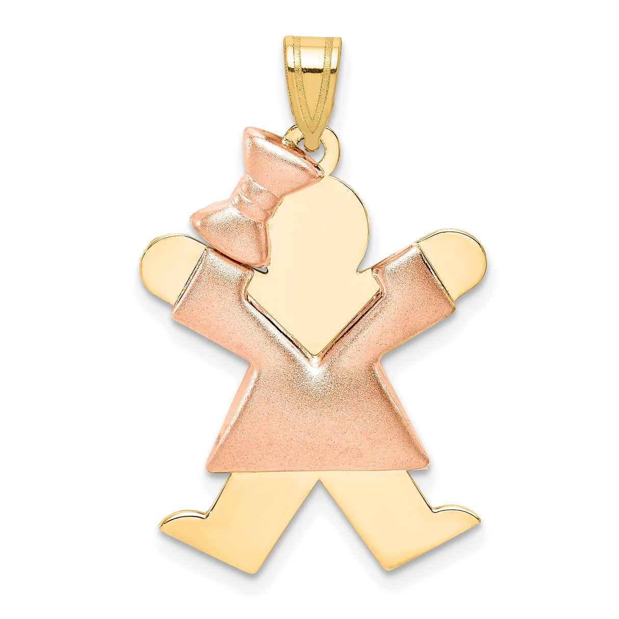 14k Two-Tone Gold Girl Pendant with Rose Gold Dress and Bow, Family Jewelry Charm