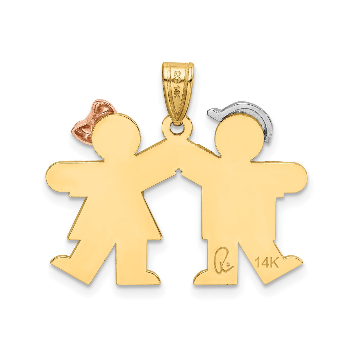 14k Tri Color Gold Boy and Girl Pendant Charm with White Gold Cap and Rose Gold Bow