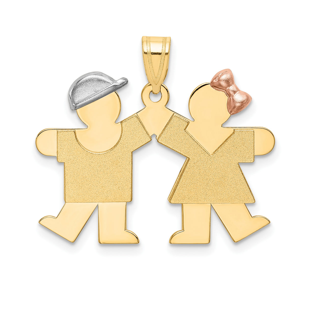 14k Tri Color Gold Boy and Girl Pendant Charm with White Gold Cap and Rose Gold Bow