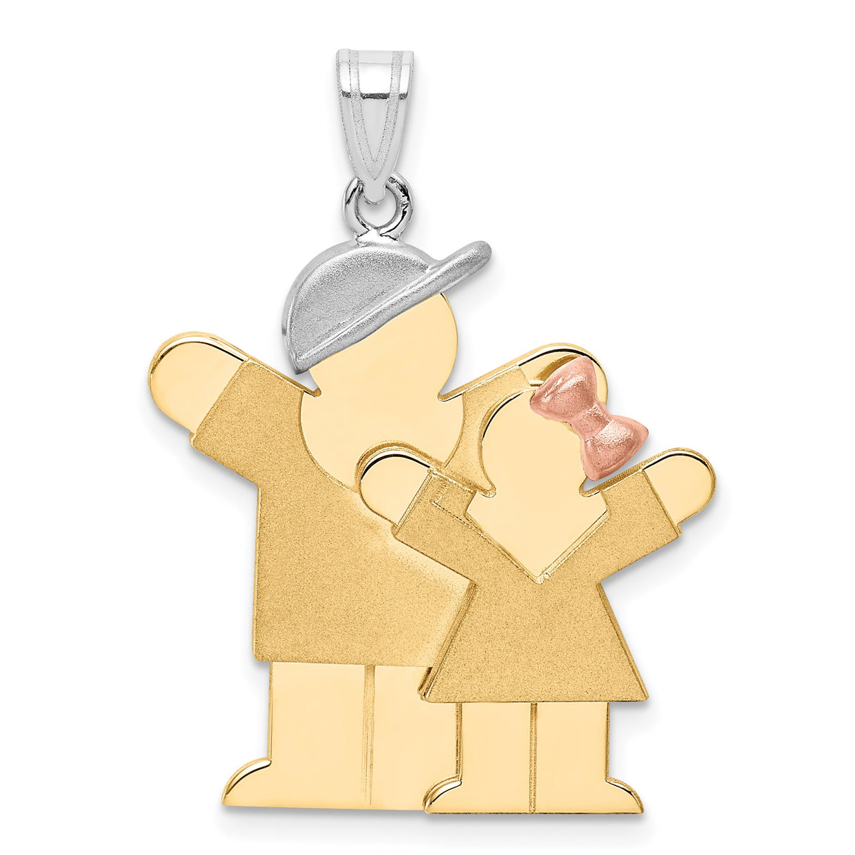 14k Tri Color Gold Boy and Girl Pendant with White Gold Cap and Rose Gold Bow