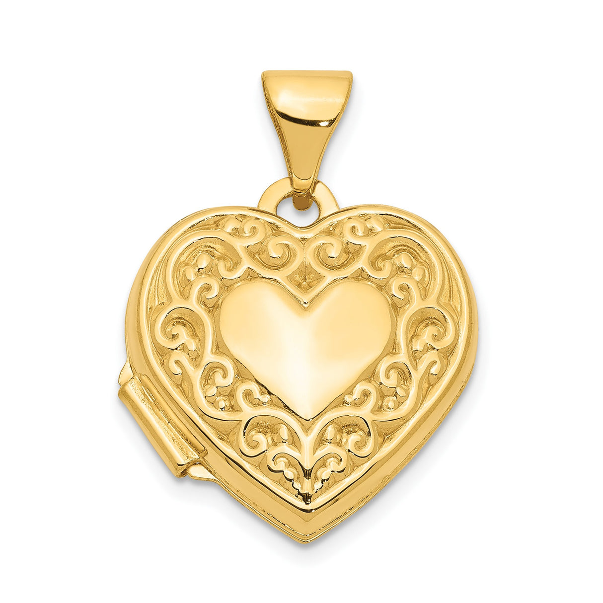 14k Yellow Gold Heart Locket Pendant with Ornate Scroll Detailing and Polished Center