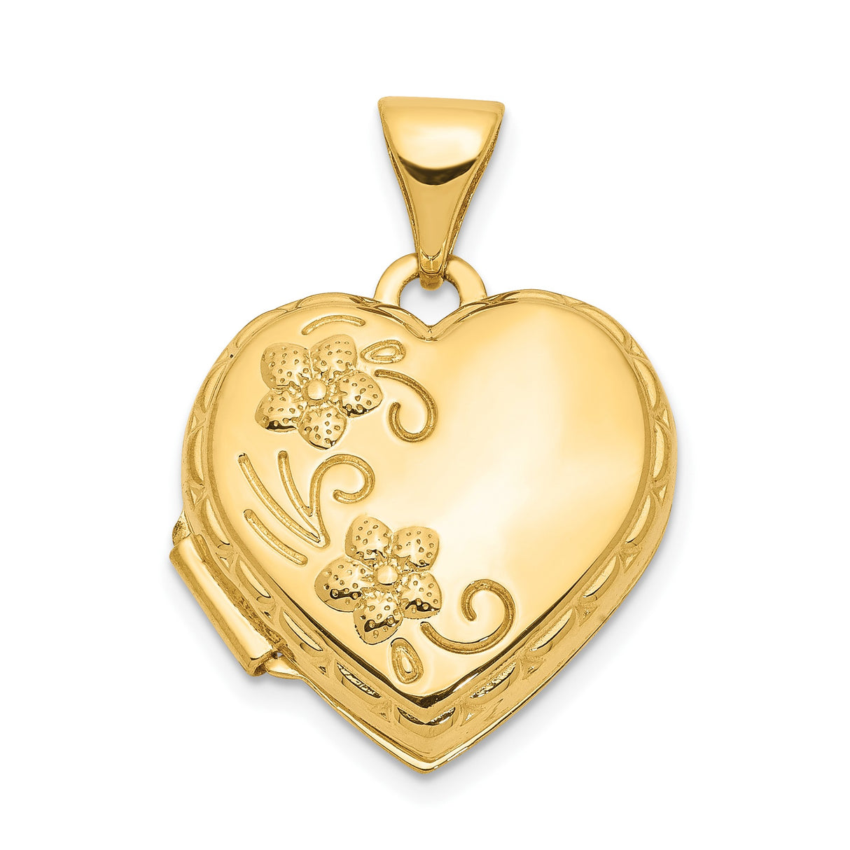 14k Yellow Gold Heart Locket Pendant with Floral Design and Hinged Photo Compartment