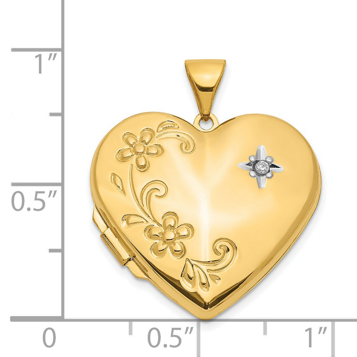 14k Yellow Gold Heart Locket Pendant with Diamond Center and Floral Design