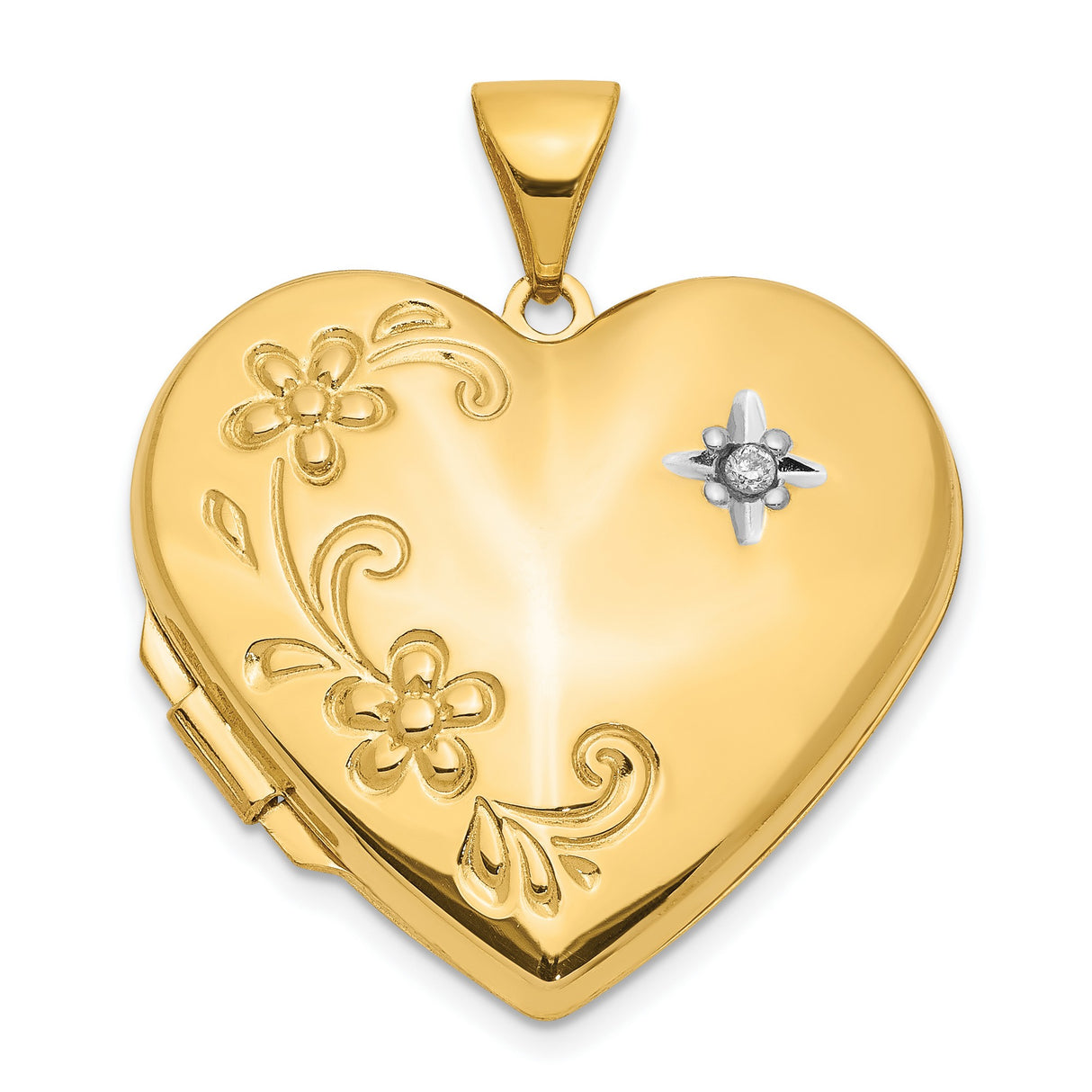 14k Yellow Gold Heart Locket Pendant with Diamond Center and Floral Design