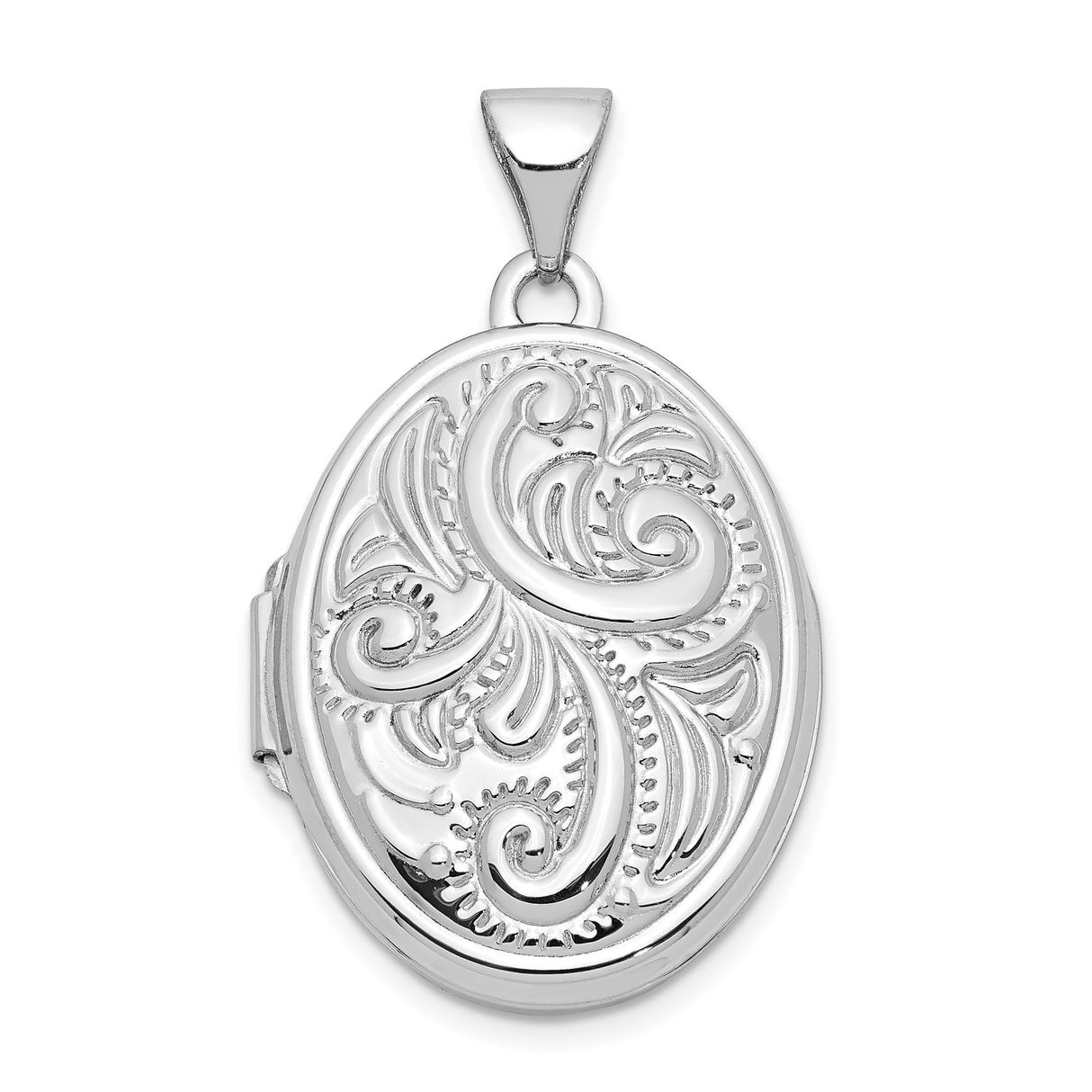 14k White Gold Oval Locket Pendant with Scroll Pattern, Vintage Inspired Keepsake Design