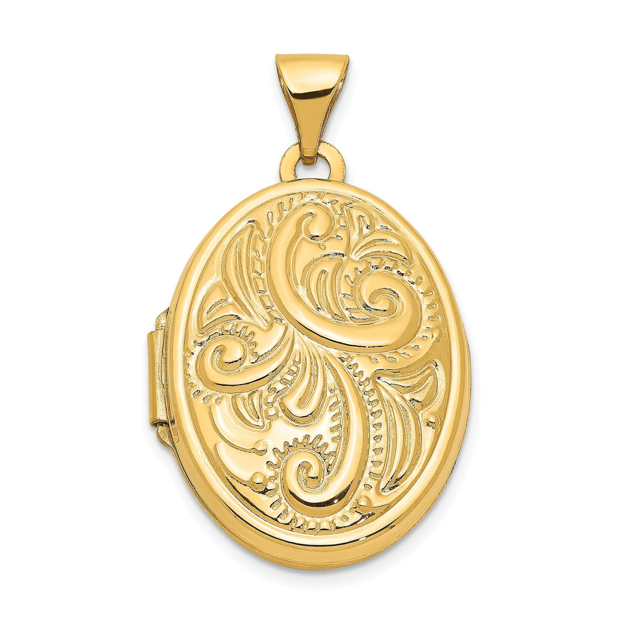 14k Yellow Gold Oval Locket Pendant with Scroll Engraving and Floral Detailing