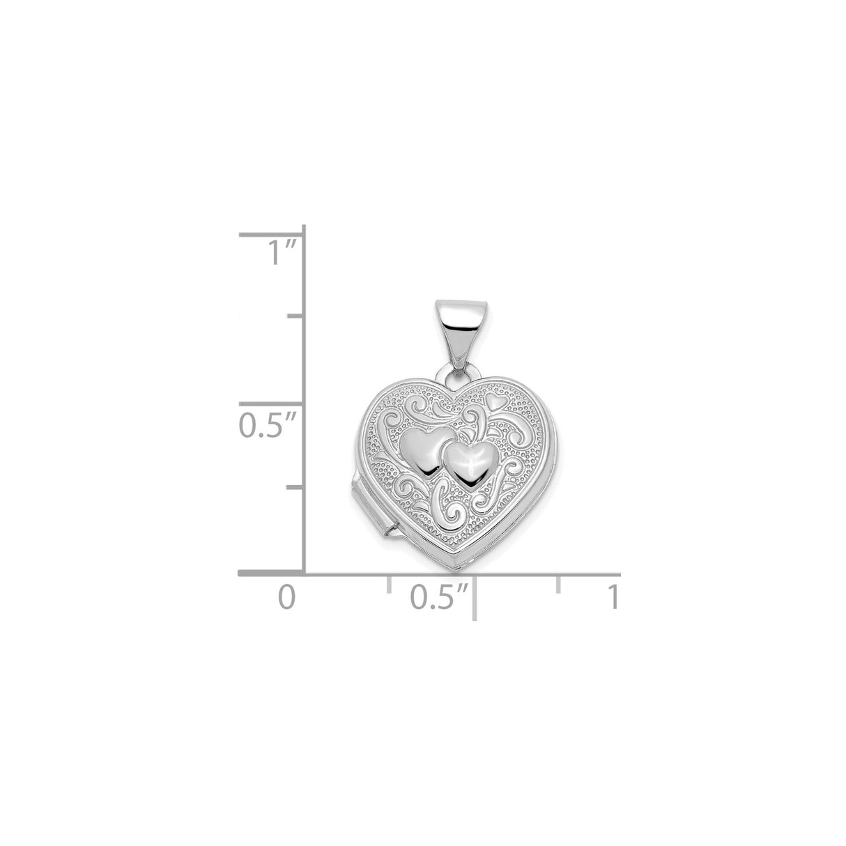14k White Gold Heart Locket Pendant with Embossed Double Heart and Scroll Design