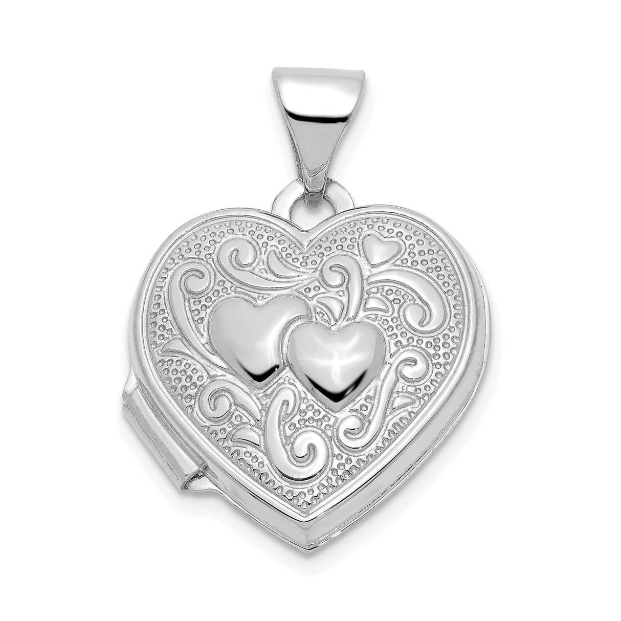 14k White Gold Heart Locket Pendant with Embossed Double Heart and Scroll Design