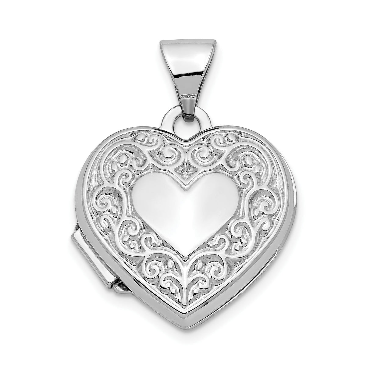 14k White Gold Heart Locket Pendant with Filigree Design and Polished Center Heart, Vintage Style