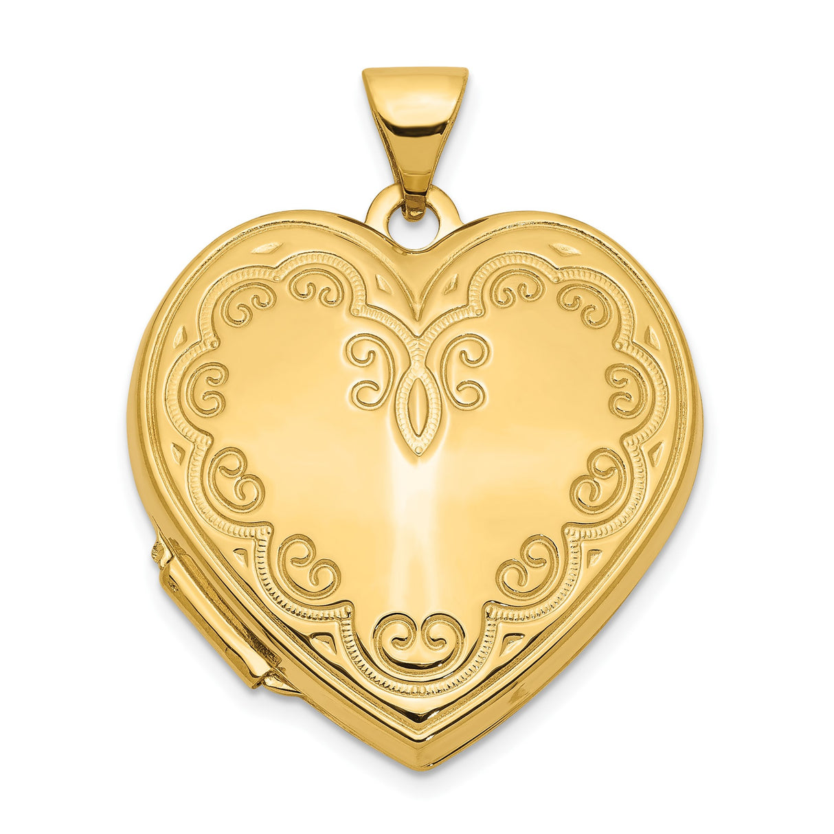 14k Yellow Gold Heart Locket Pendant with Scrollwork Design for Women