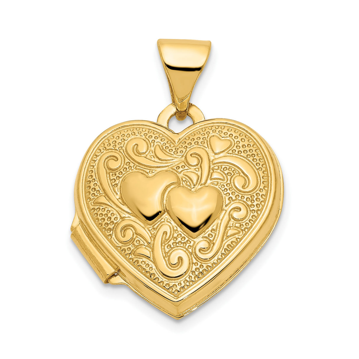 14k Yellow Gold Heart Locket Pendant with Raised Hearts and Scroll Design