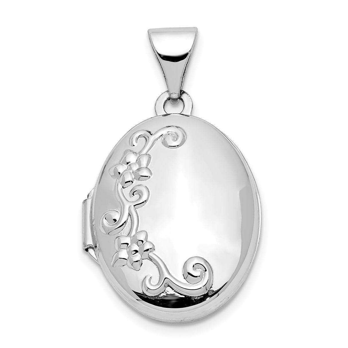 14k White Gold Oval Locket Pendant with Floral Scrollwork Design for Women