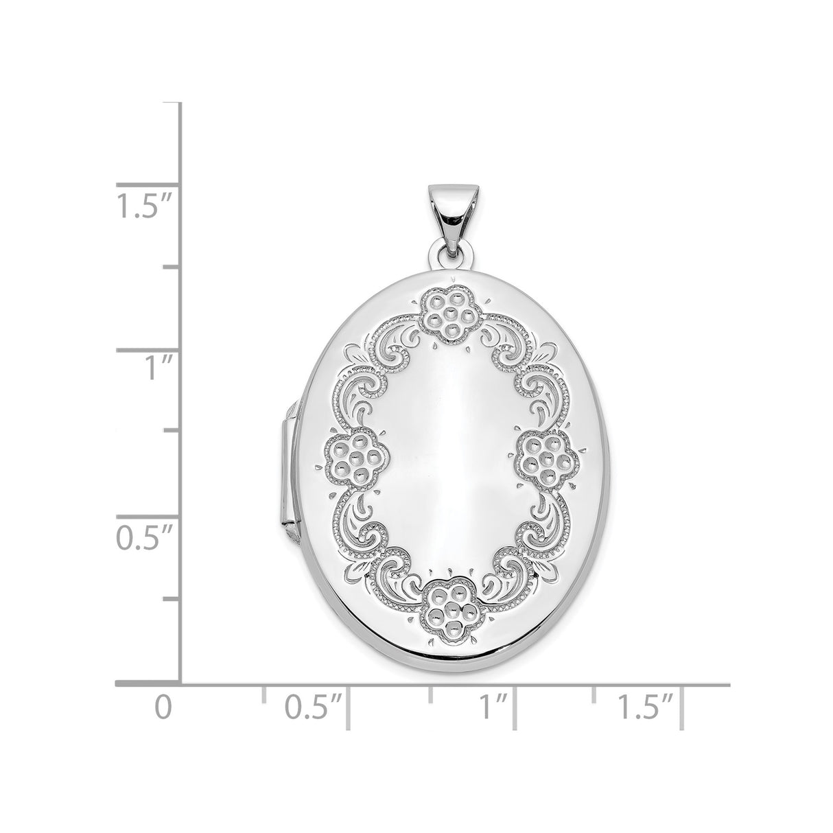 14k White Gold Oval Locket Pendant with Floral Engraving and Scroll Design for Women