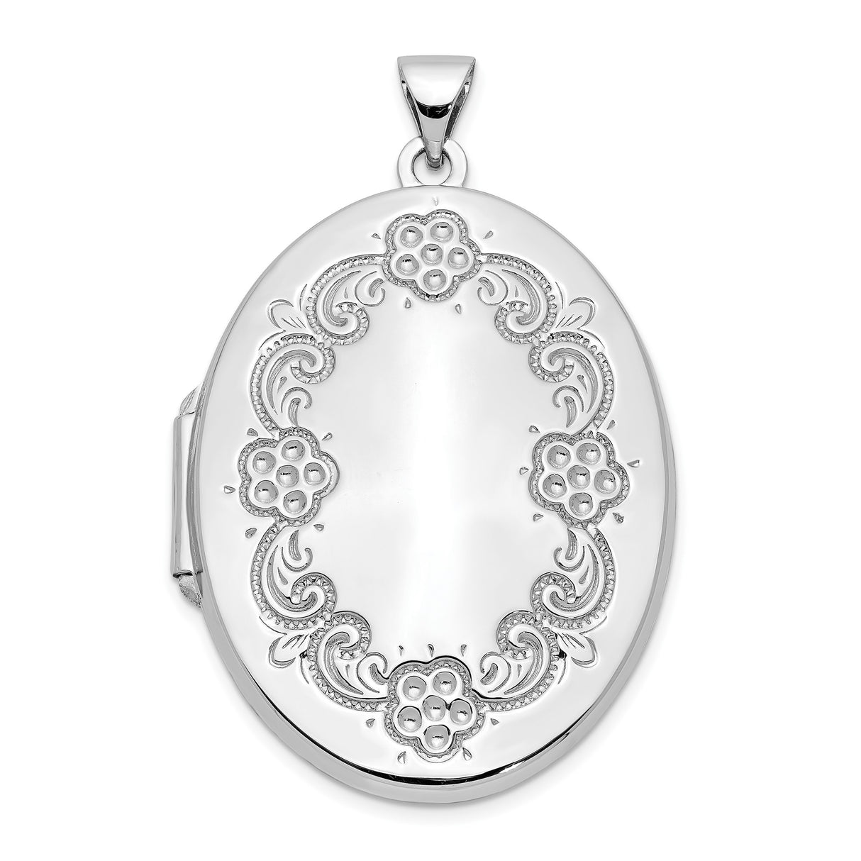 14k White Gold Oval Locket Pendant with Floral Engraving and Scroll Design for Women
