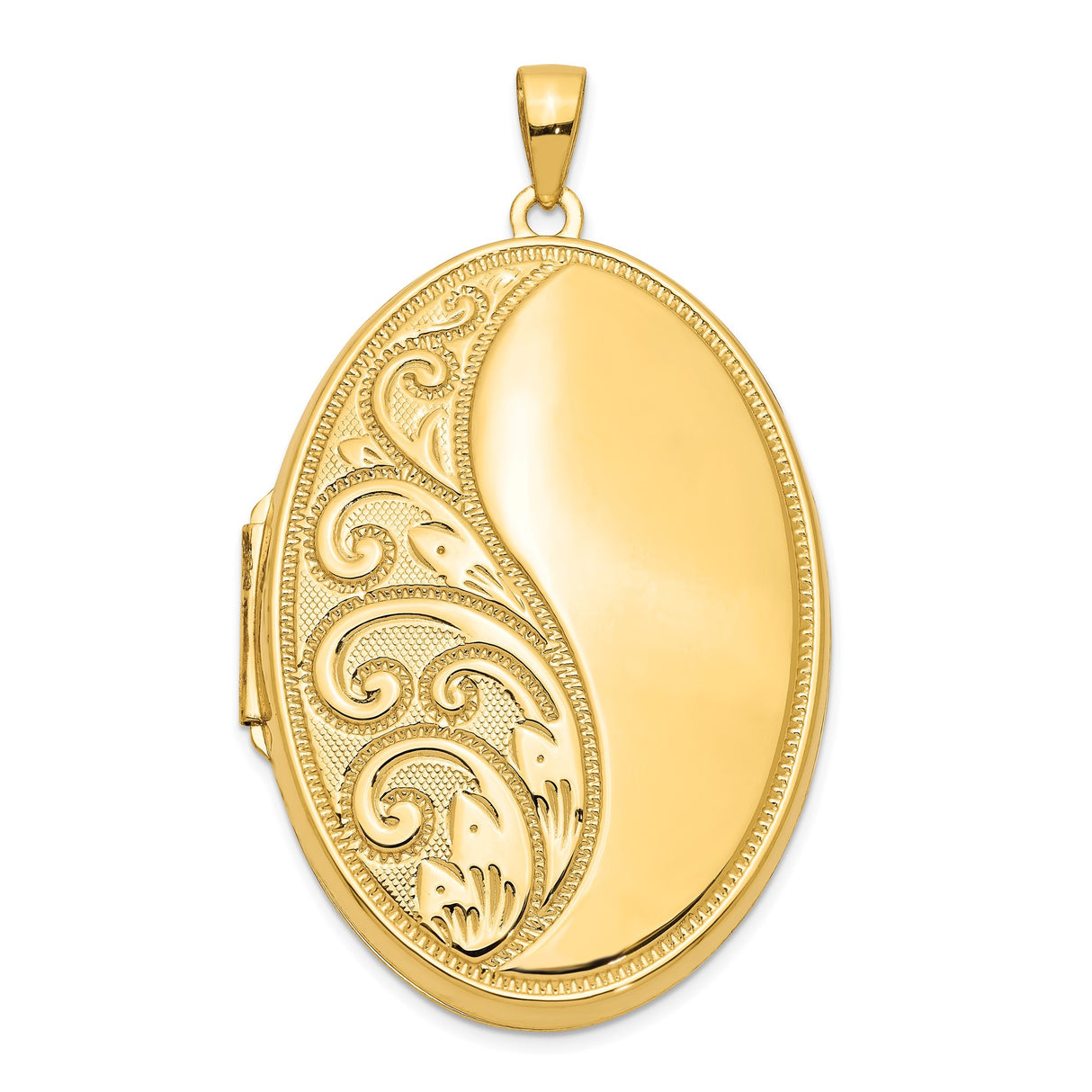 14k Yellow Gold Oval Locket Pendant with Floral Engraving and Scrollwork Design