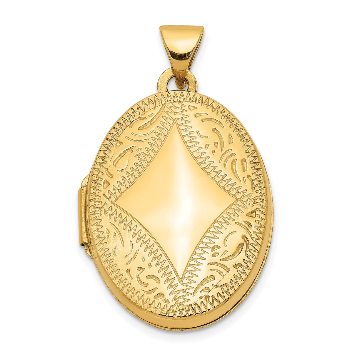 14k Yellow Gold Oval Locket Pendant with Diamond Pattern and Etched Detailing for Women