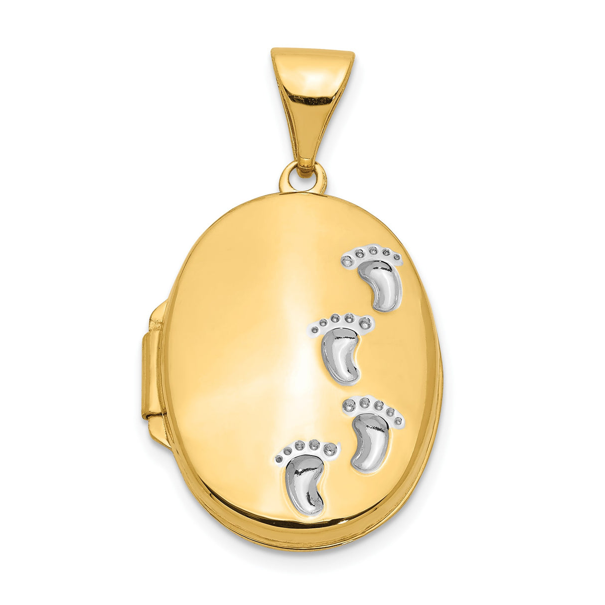 14k Multi-Tone Gold Oval Locket Pendant with Three Infant Footprints Symbolizing Motherhood