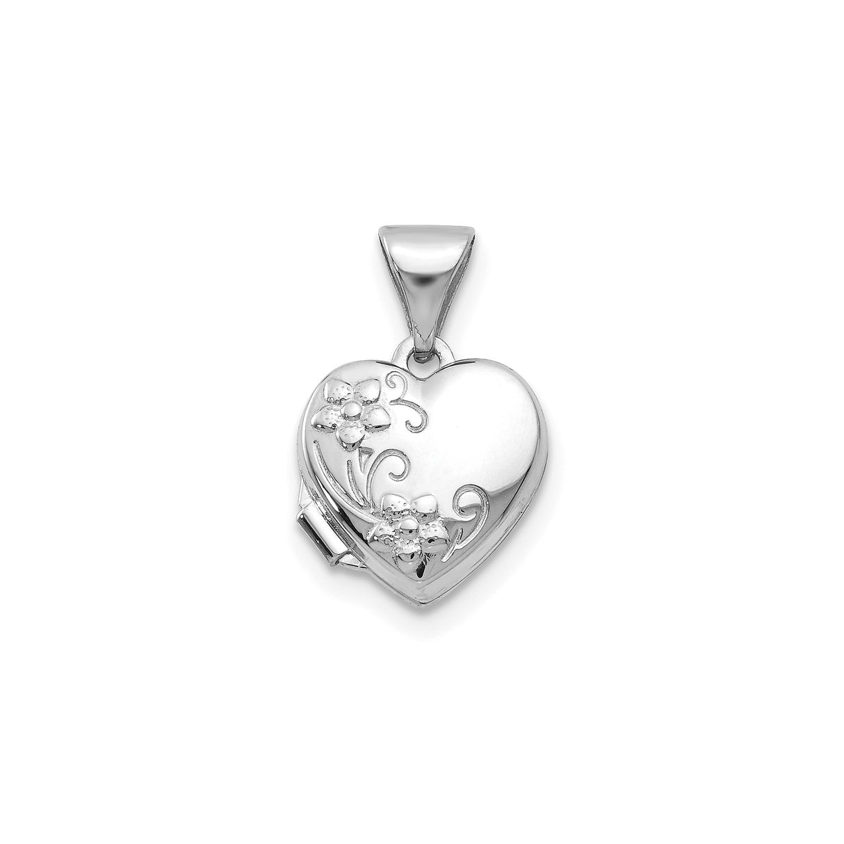 14k White Gold Heart Locket Pendant with Floral and Vine Design for Women