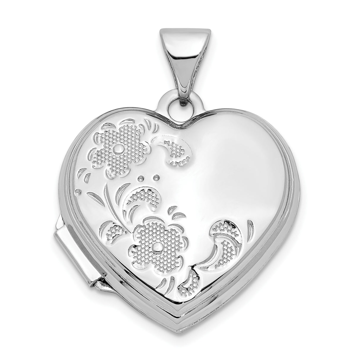 14k White Gold Heart Locket Pendant with Floral Design for Women