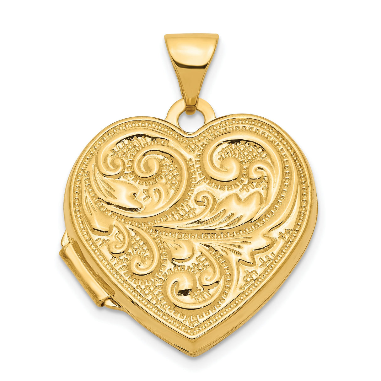 14k Yellow Gold Heart Locket Pendant with Floral Scrollwork, Romantic Keepsake Jewelry