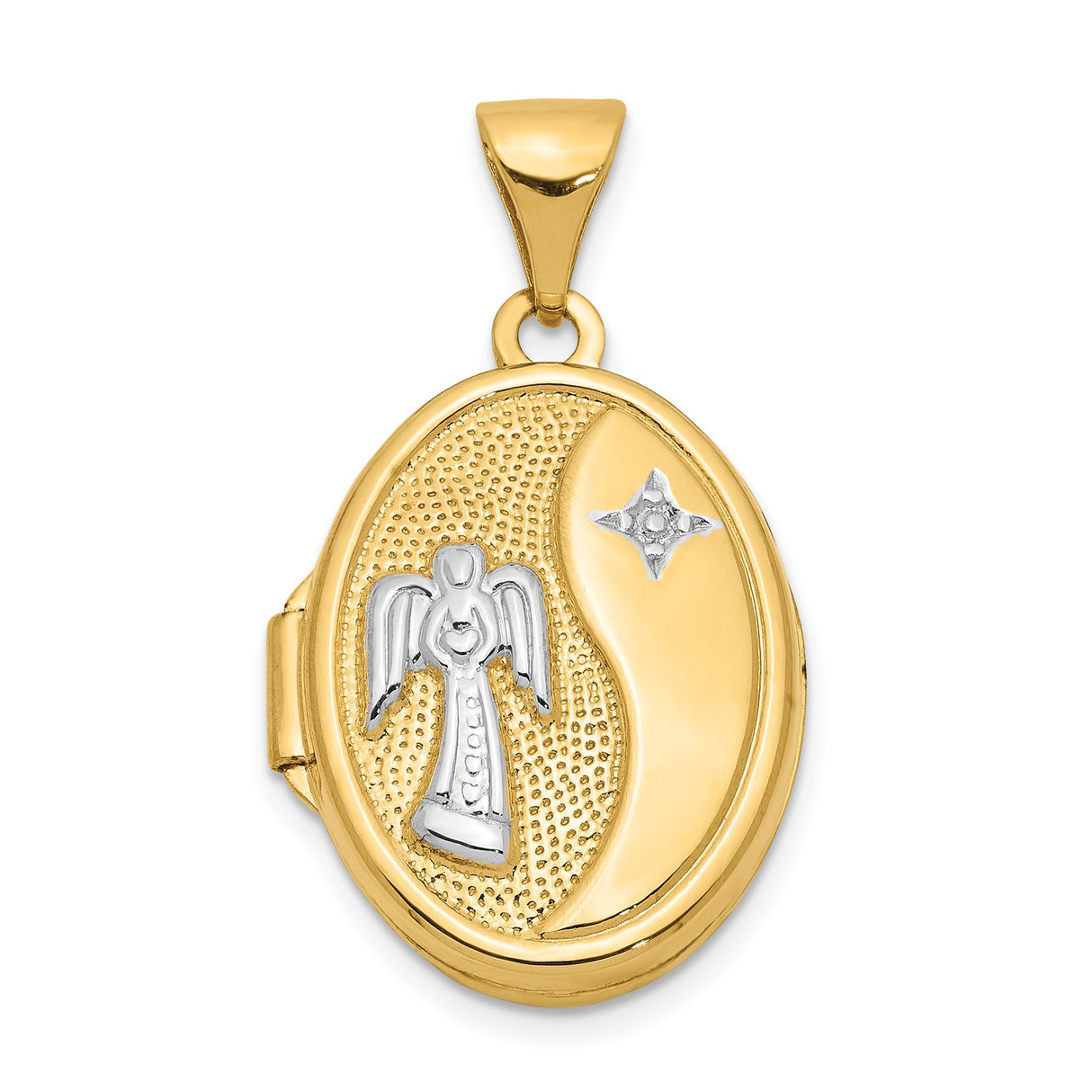 14k Two-Tone Gold Oval Locket Pendant with Guardian Angel and Star Motif