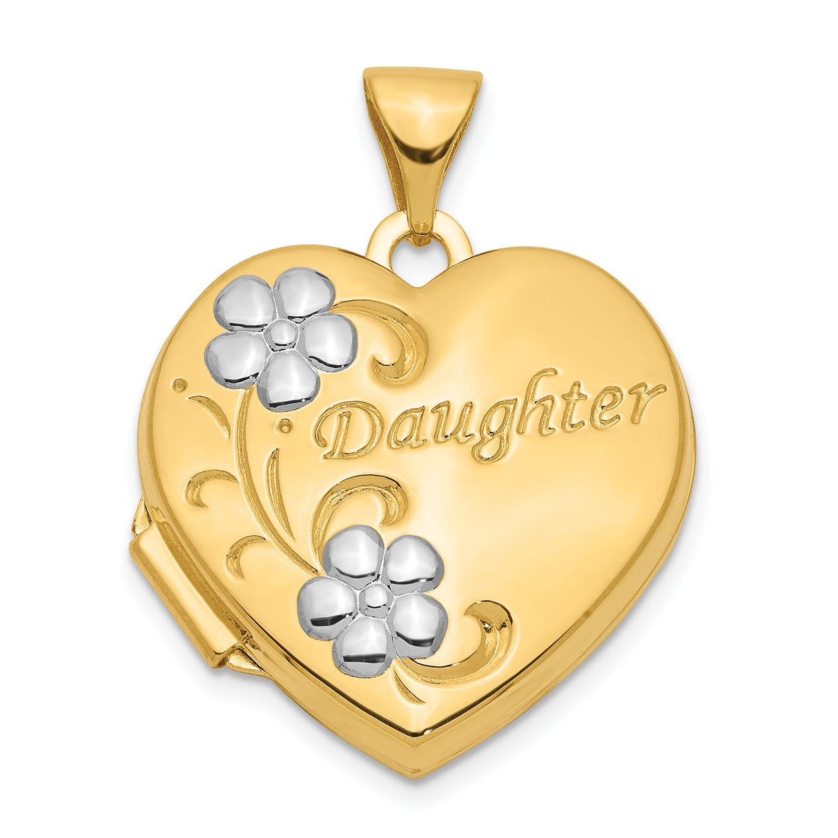 14k Multi-Tone Gold Heart Locket Pendant with Daughter Engraving and Floral Design