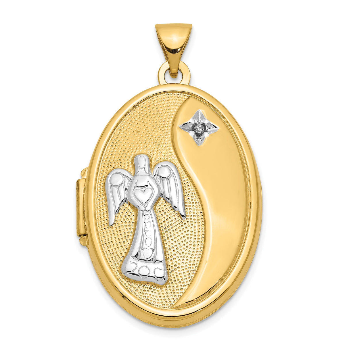 14k Yellow Gold and Rhodium Locket Pendant with Guardian Angel, Heart, and Star Accents