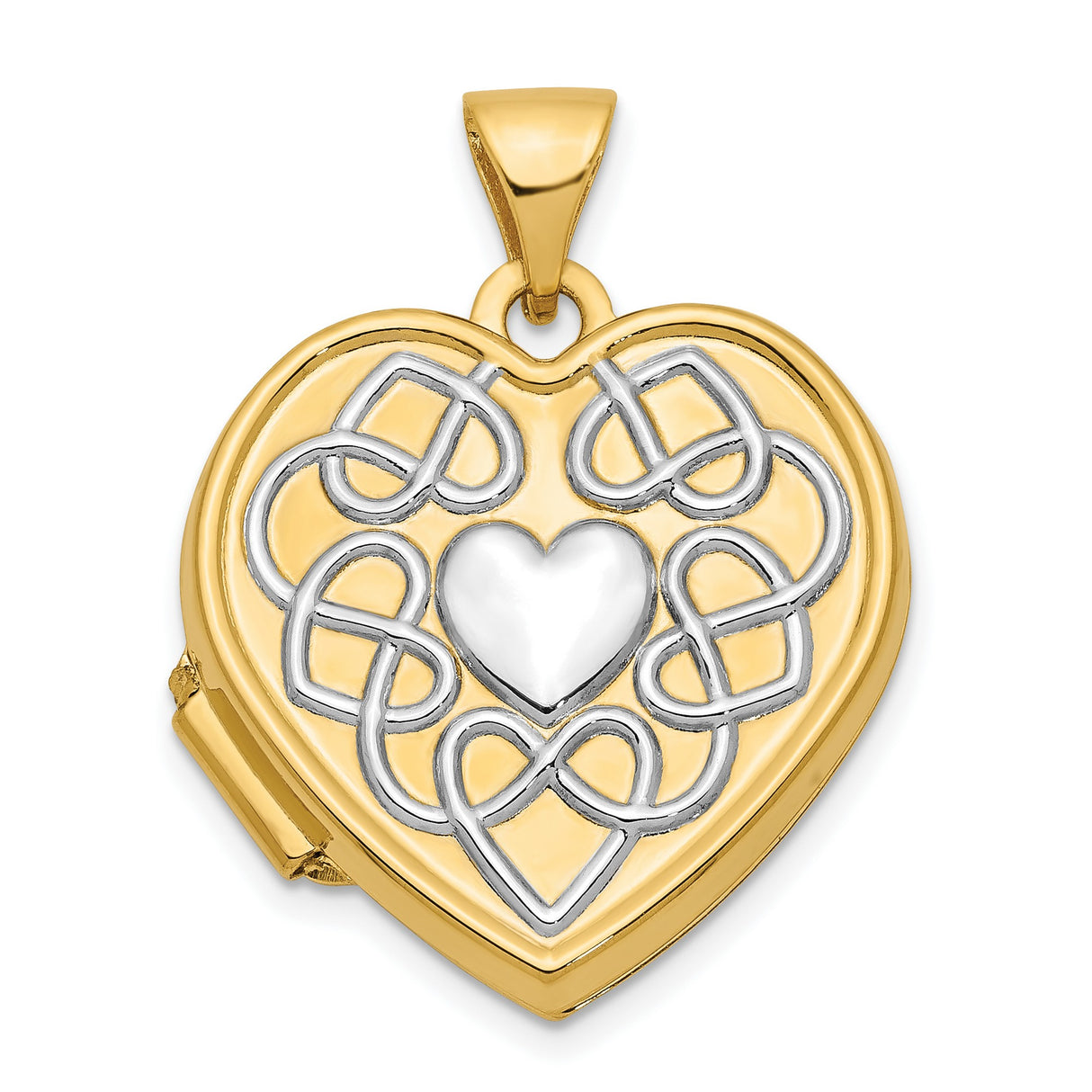 14k Multi-Tone Gold Heart Locket Pendant with Celtic Knot Motif for Women