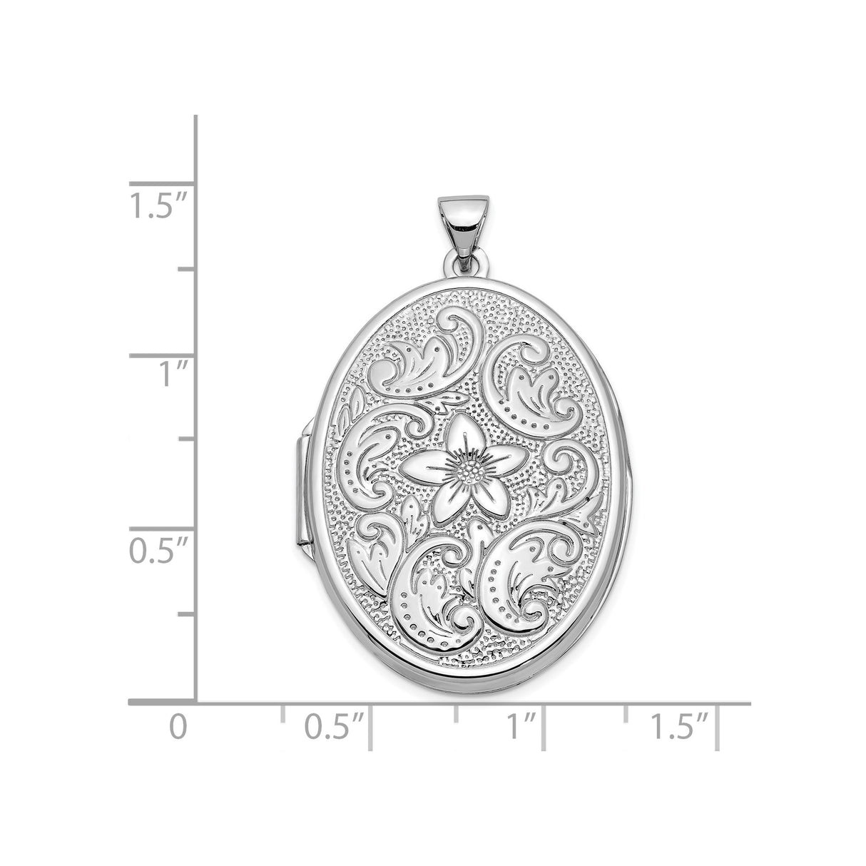 14k White Gold Oval Locket Pendant with Floral Engraving and Scroll Design