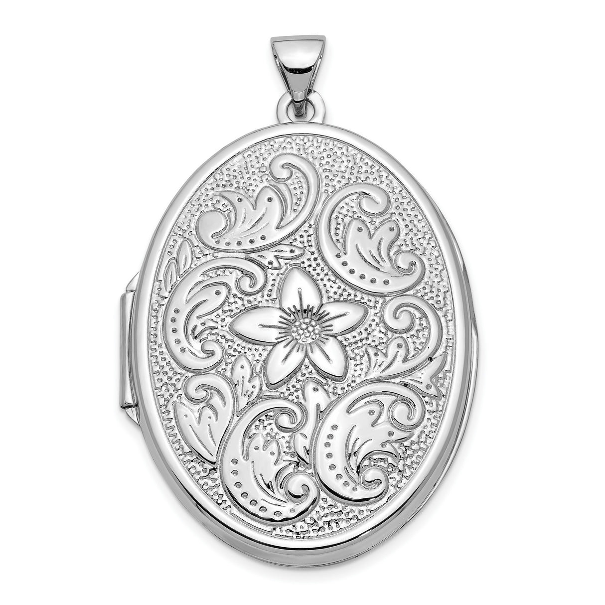 14k White Gold Oval Locket Pendant with Floral Engraving and Scroll Design