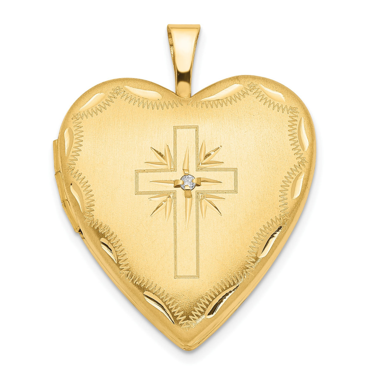 14k Yellow Gold Heart Locket Pendant with Diamond Accent and Cross Engraving