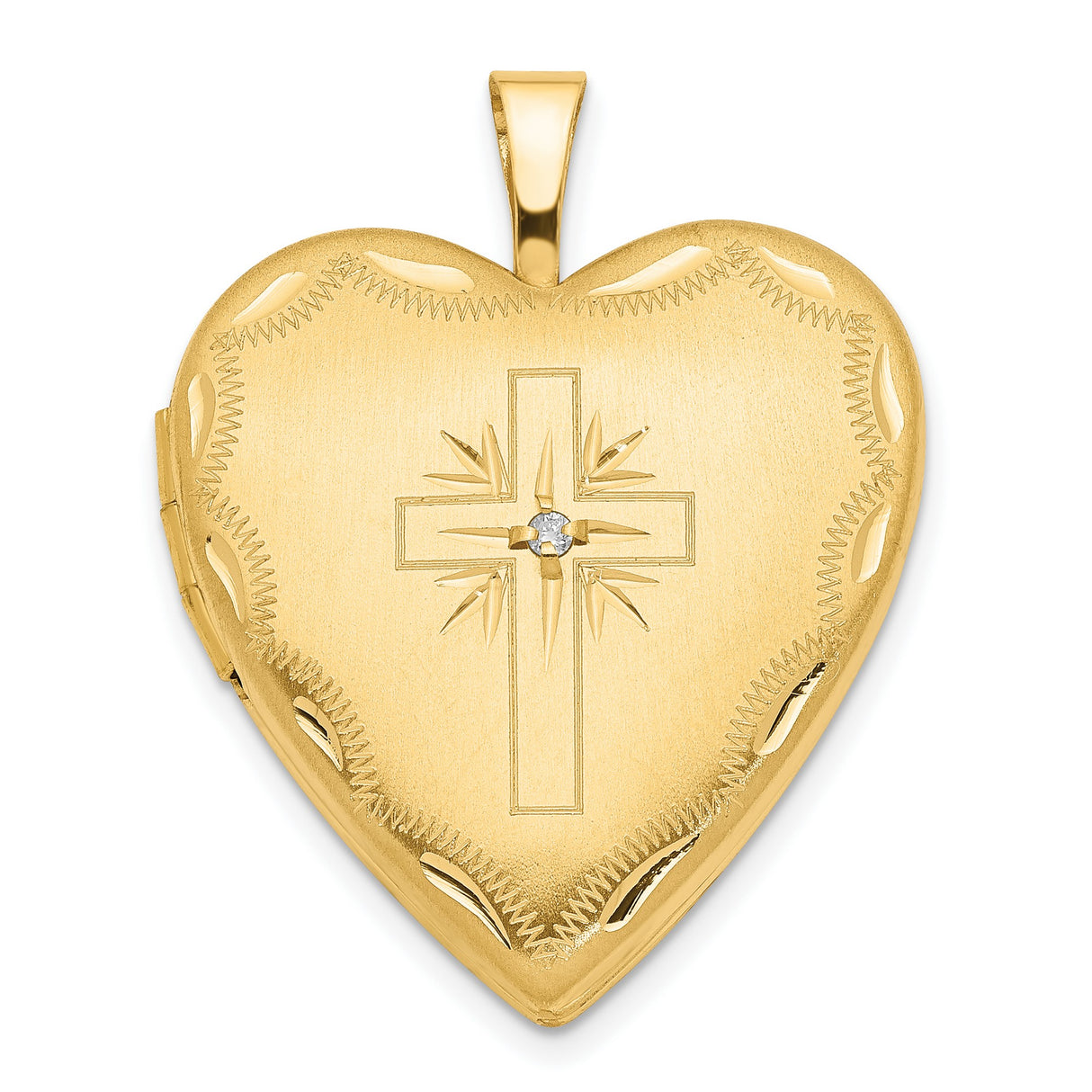 20mm Diamond Satin and Diamond-Cut Cross Heart Locket Charm Pendant in Real 14k Yellow Gold
