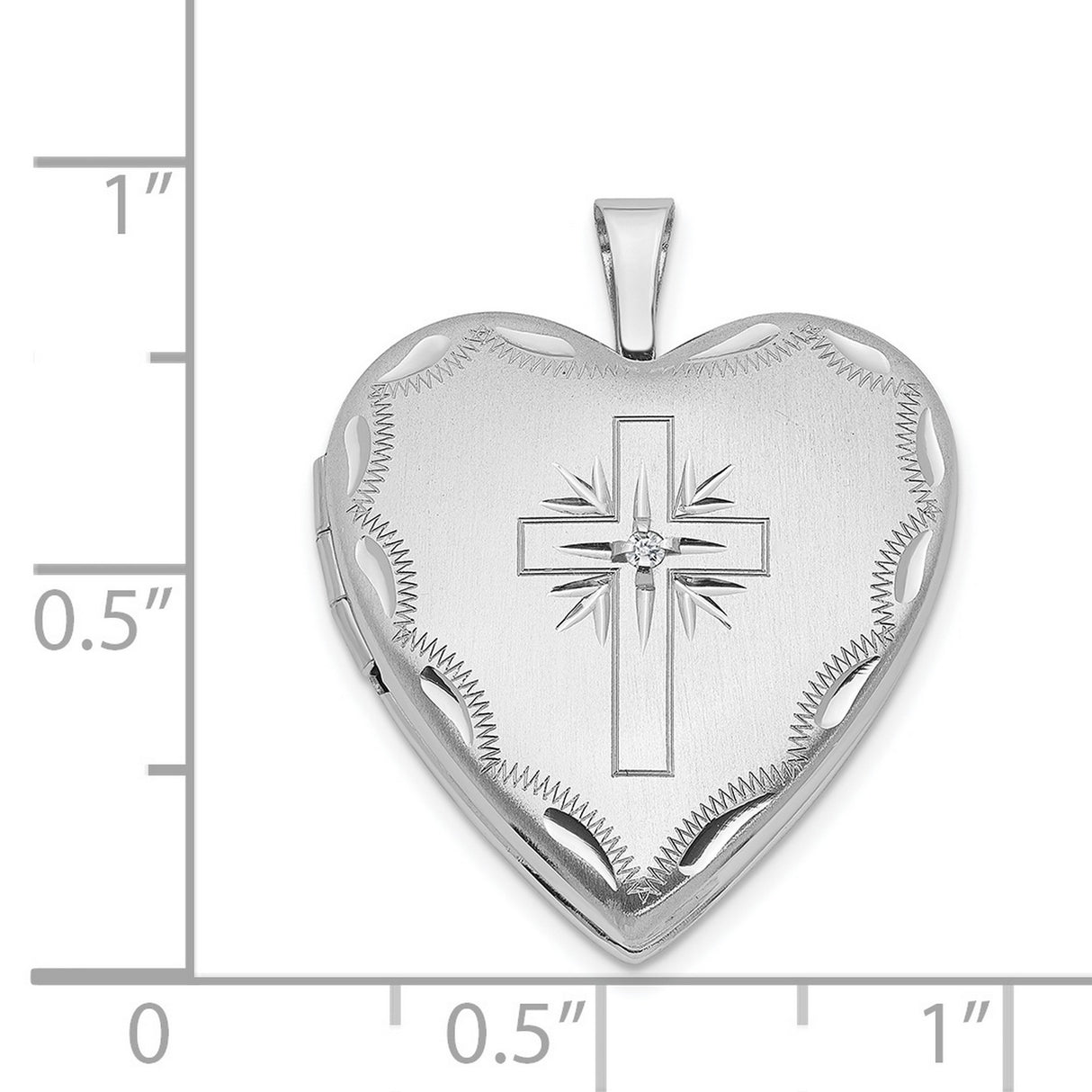 20mm Diamond Satin and Diamond-Cut Cross Heart Locket Charm Pendant in Real 14k White Gold