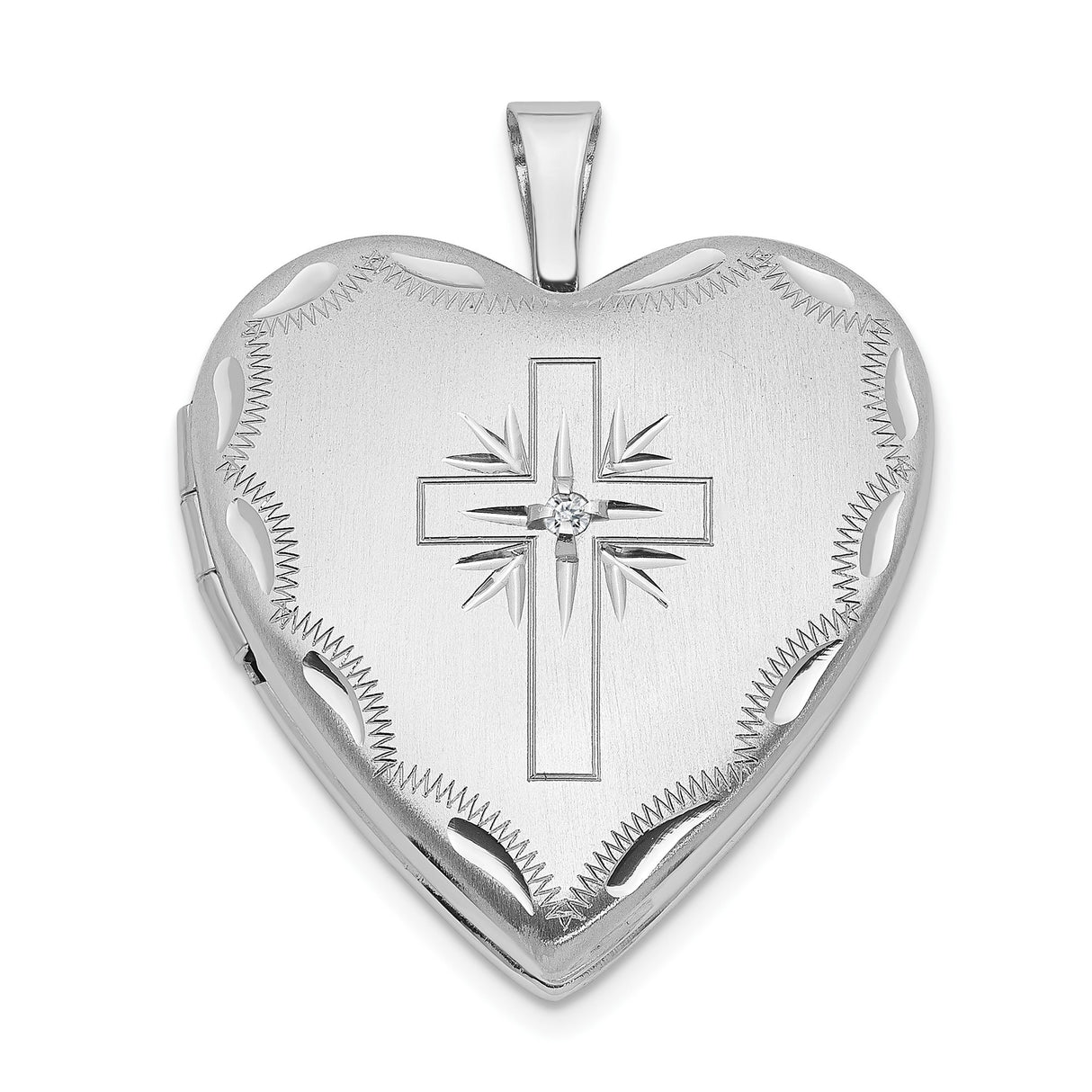 14k White Gold Heart Locket Pendant with Diamond Accent and Christian Cross Design