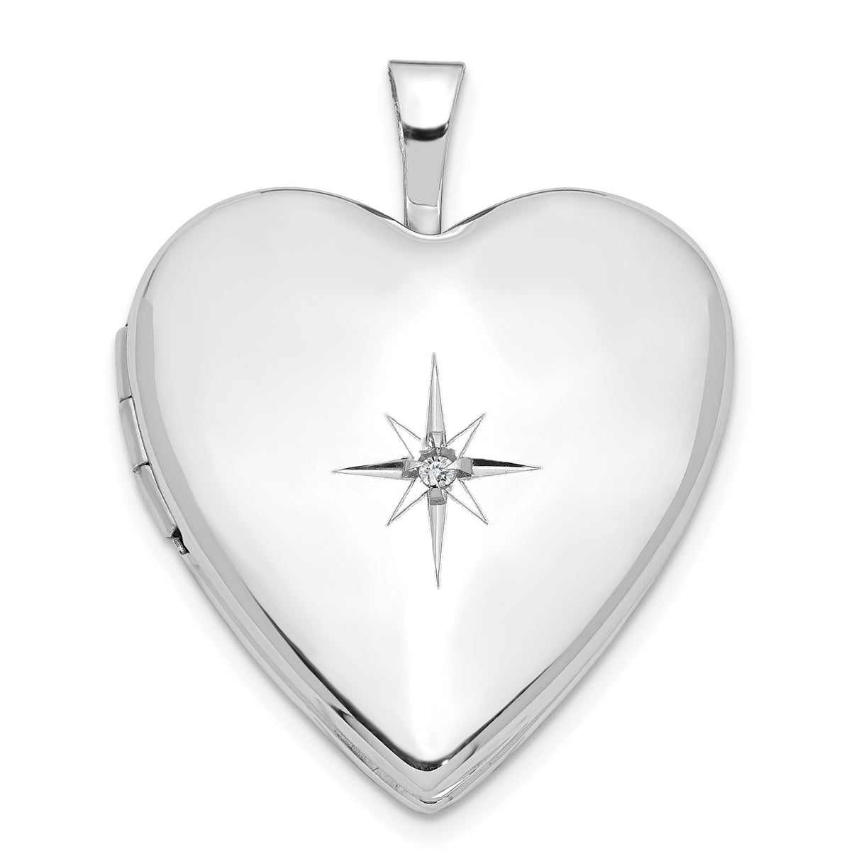 14k White Gold Heart Locket Pendant with Diamond and North Star Design